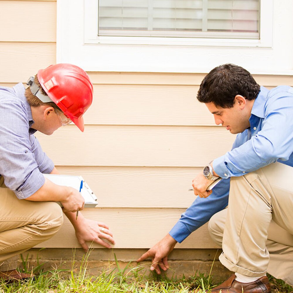 A homeowner and worker looking at the foundation of a house. 