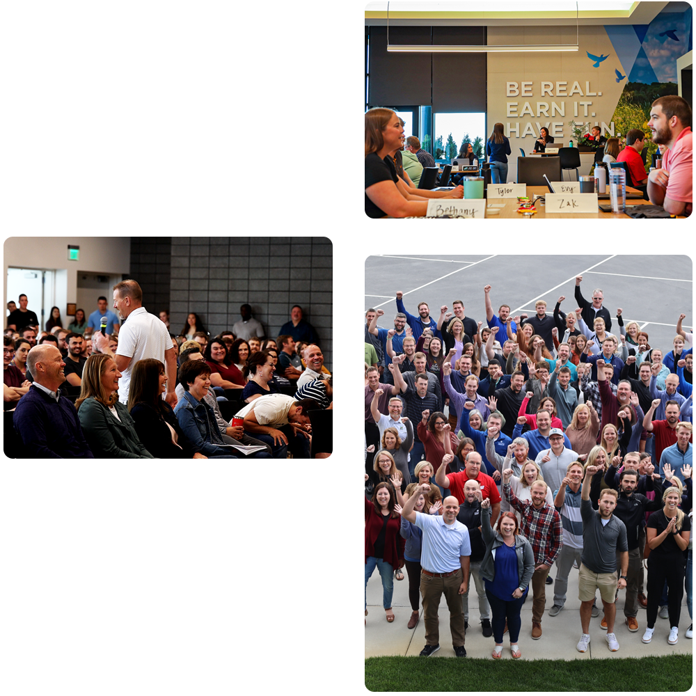 collage of photos depicting the culture at SECURA Insurance - associate town hall, quick-start new hire program, associates celebrating team milestone