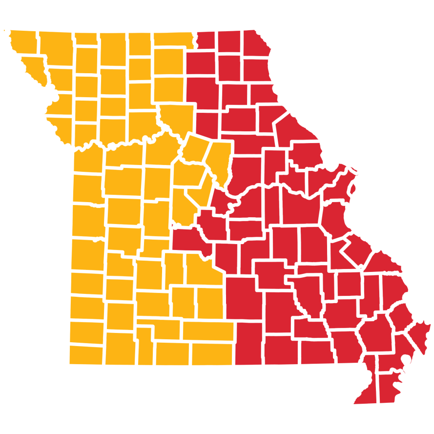 Missouri's risk manager's territories shown by two different colors.
