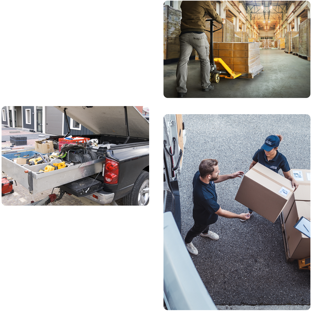 series of photos depicting people filling a transport truck with product packages, storing palettes of merchandise in a facility, and transporting equipment in a work truck