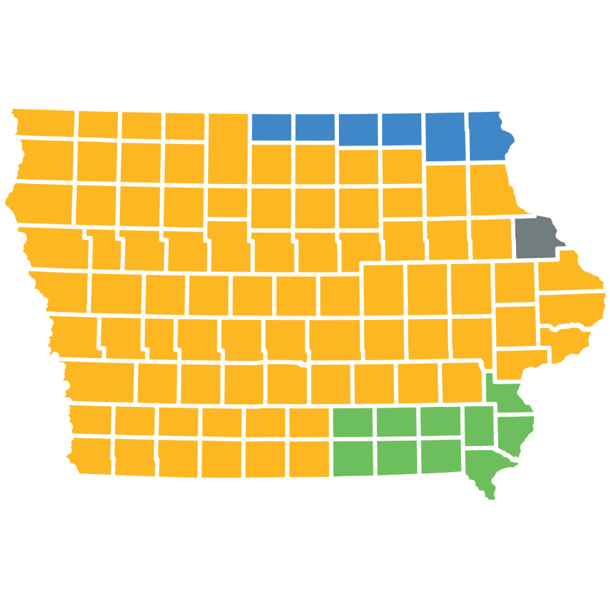 Iowa risk manager's territories shown by four different colors.