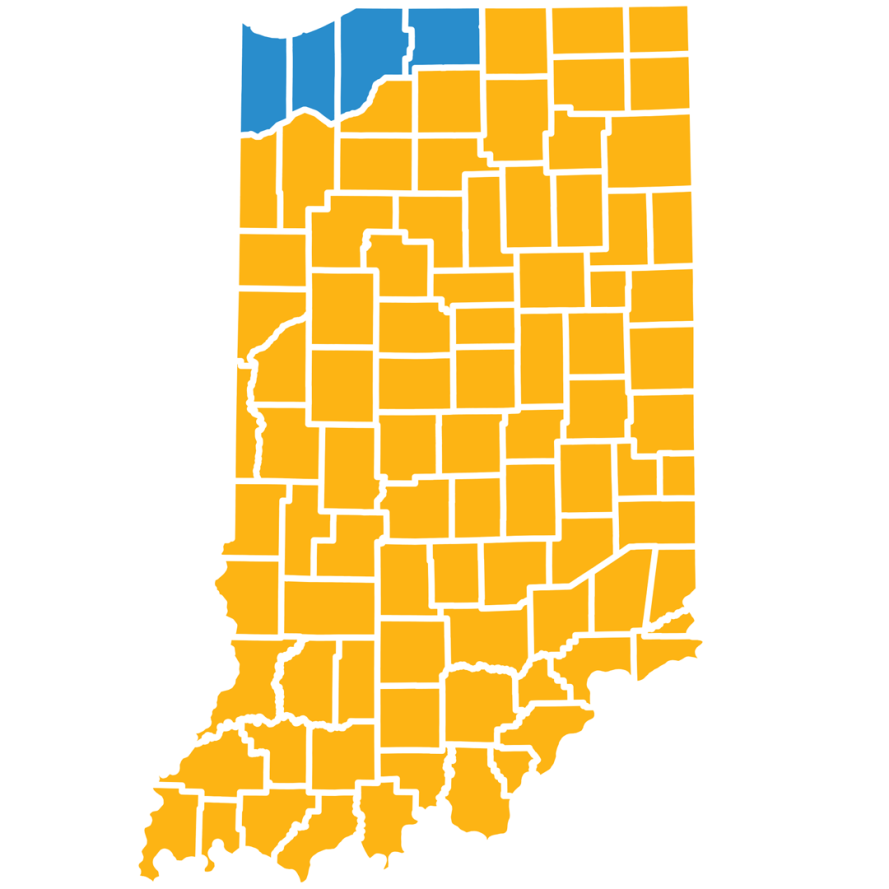 Indiana's risk manager's territories shown by two different colors.