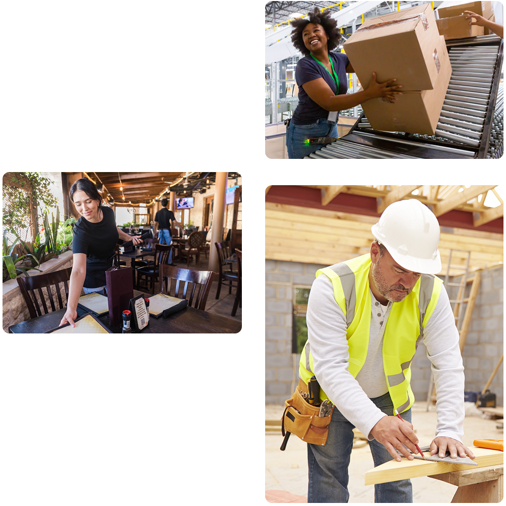 a collage of photos depicting several employees from food service, shipping and receiving and contractors who would benefit from workers compensation insurance