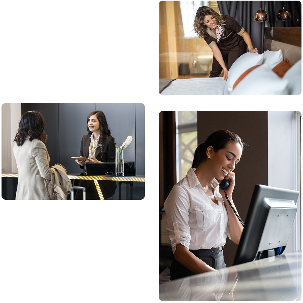 collage of 3 photos depicting hospitality, two of the photos are of front desk agents helping customers and the third photos is a housekeeper cleaning rooms. 