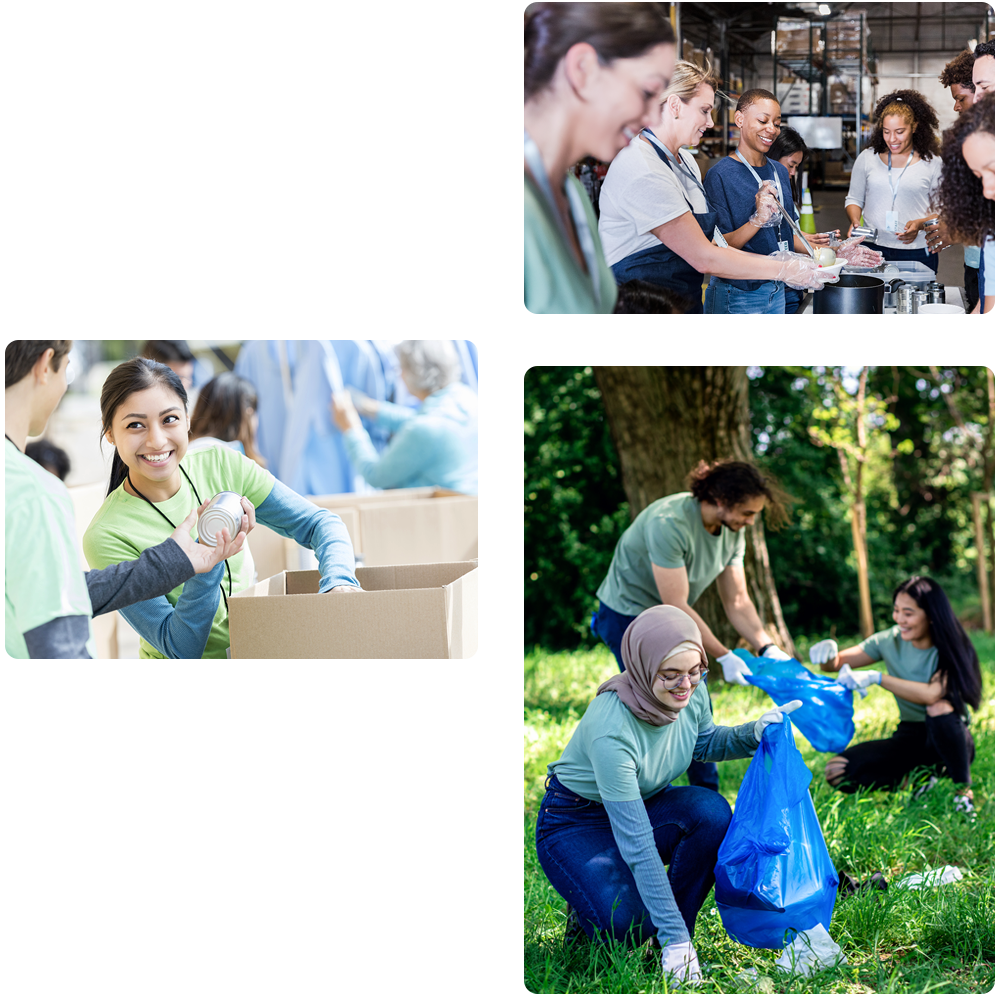 collage of photos depicting various nonprofit types such as food banks, food drives and environmental cleanup efforts that could be insured with SECURA Insurance