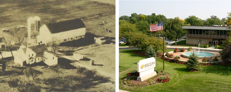 Photo of SECURA's first building and photo of the current building 119 years later.