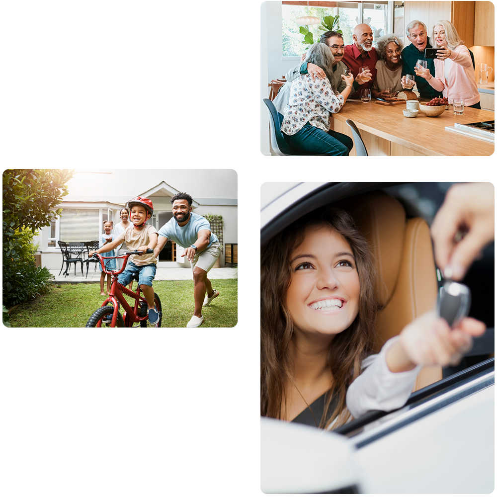 series of photos depicting personal life moments such as a father teaching his son to ride a bike, a teen driver taking the keys and long-time friends gathering at home