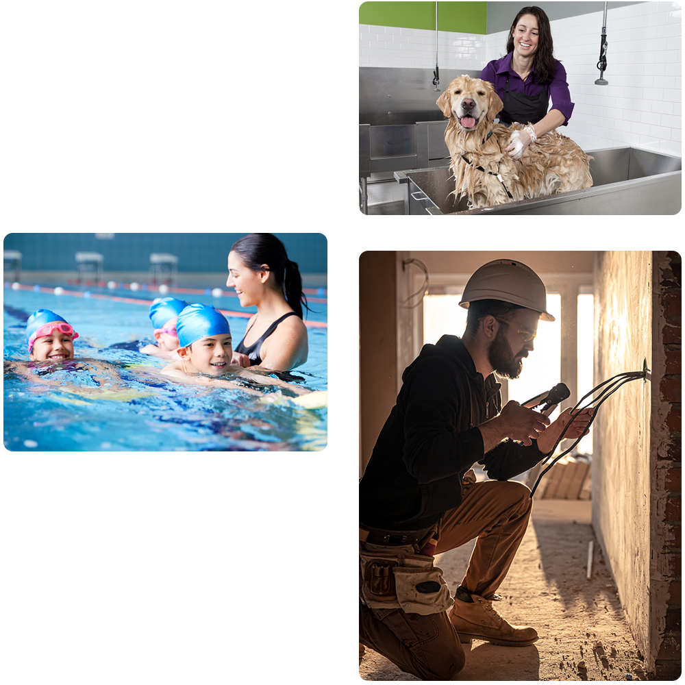 collage of small business types such as an electrician working on a new home build, a swimming instructor and a dog groomer