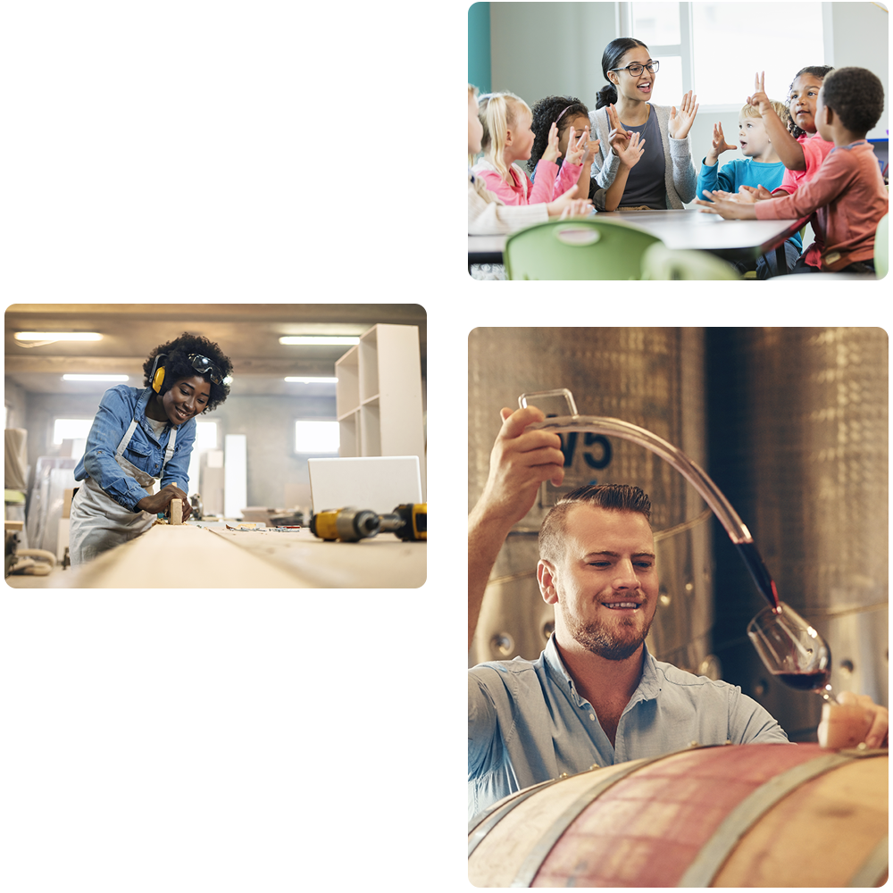 a collage of photos depicting just a few of the businesses SECURA works with to provide trade-specific business insurance for, such as commercial daycare, carpenters, and wineries