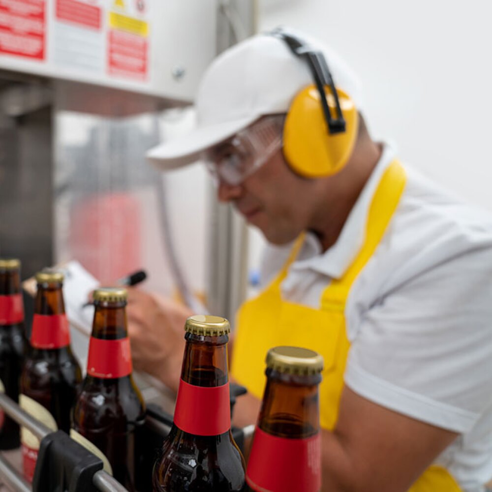 Conveyor with glass bottles with a man checking off his checklist