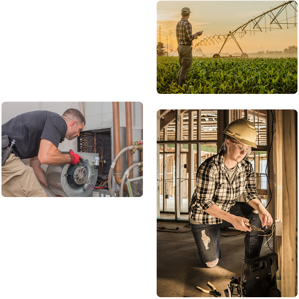 multiple photos in a collage, showcasing various contractors, from HVAC installers, electricians and farm irrigation technician monitoring his field equipment