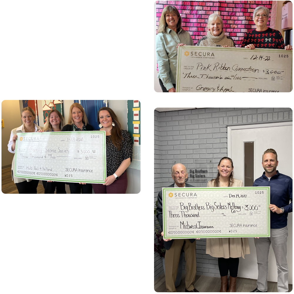 collage of awards given to staff of various nonprofit organizations through the SECURA Gives Back campaign.