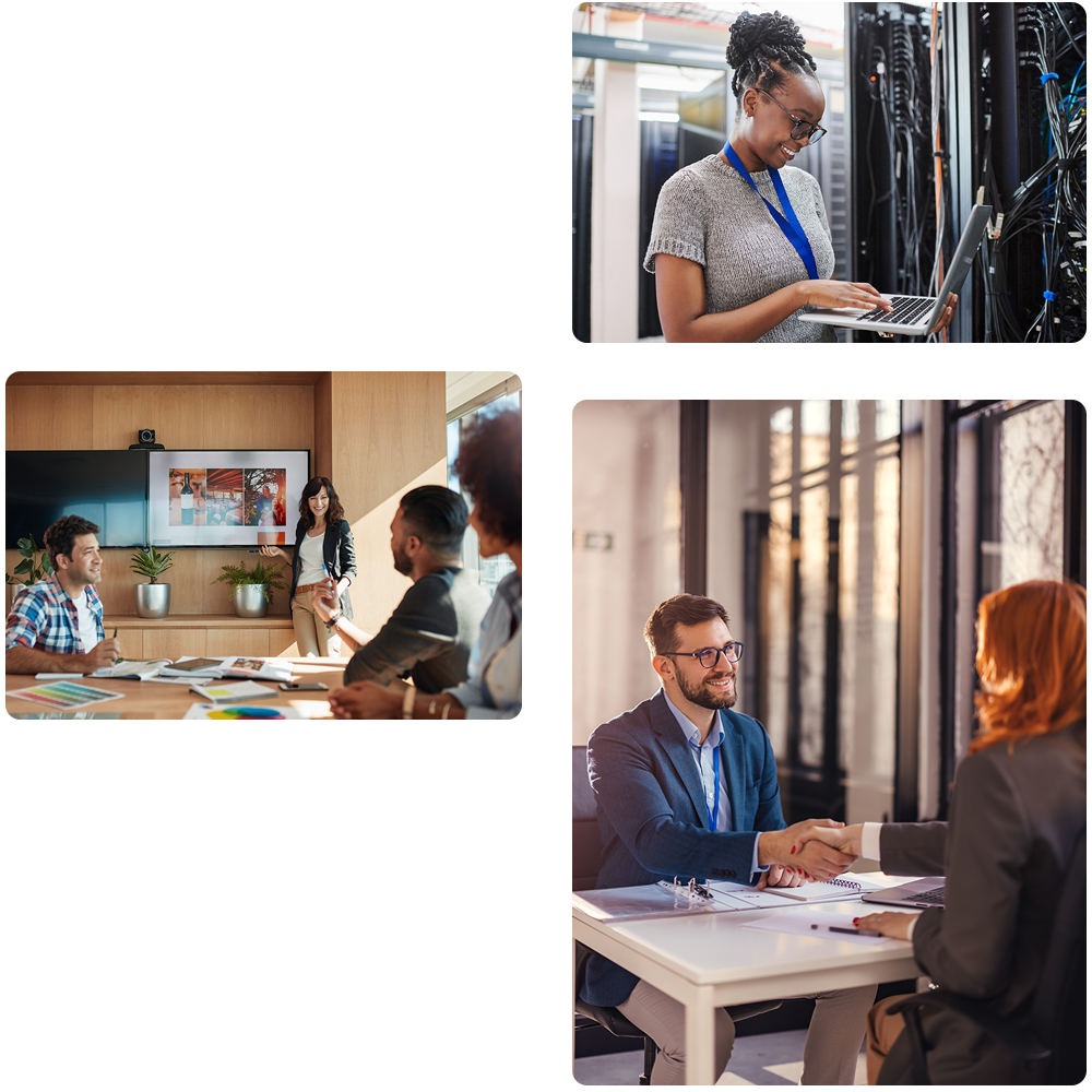 Three photos showing different professional services. The first one is someone working on a laptop, the second is someone giving a presentation and the last one a man and woman are shaking hands over paperwork. 