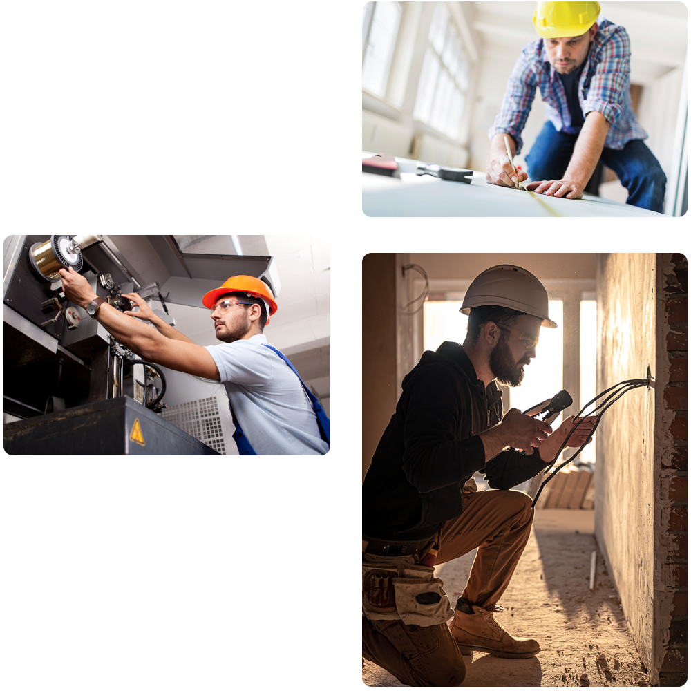collage of photos depicting service oriented workers such as carpenters, electricians, and an HVAC repairman