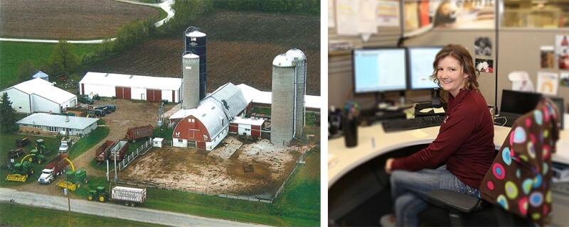 Two photos with he first one showing Jenny's family farm and the second one of her sitting at her desk now working at SECURA.