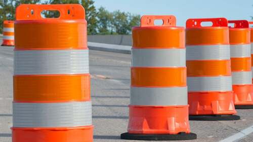 Construction cones placed on the the road.