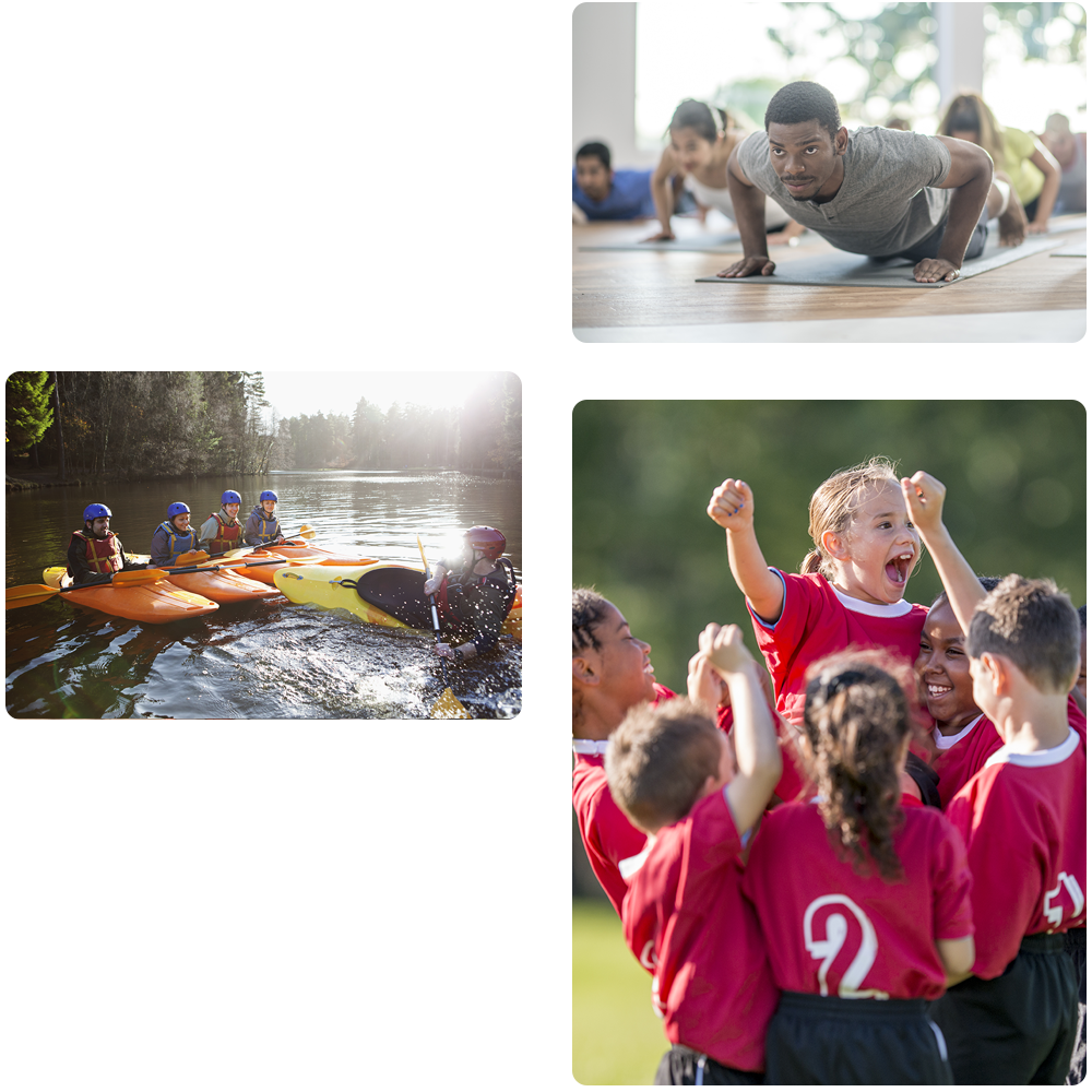 One photo of a young male yoga instructor, second photo of a kayak instructor and class on a river, and the last photo of a youth soccer team celebrating a win.