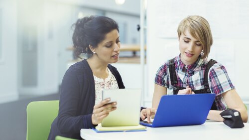 A women and younger female looking at a laptop while the women teachers the young female. 