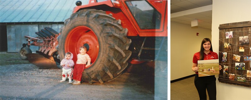 Kayla when she was little sitting on a tracker at her families farm and a photo of her now working at secura holding a photo of her family farm. 