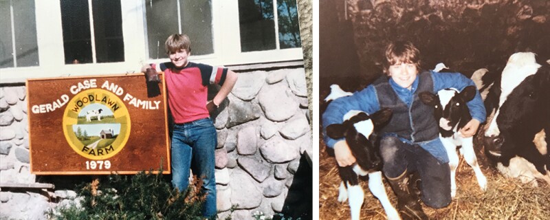 Dan when he was little standing next to his families farm sign and a second photo of him with cows.