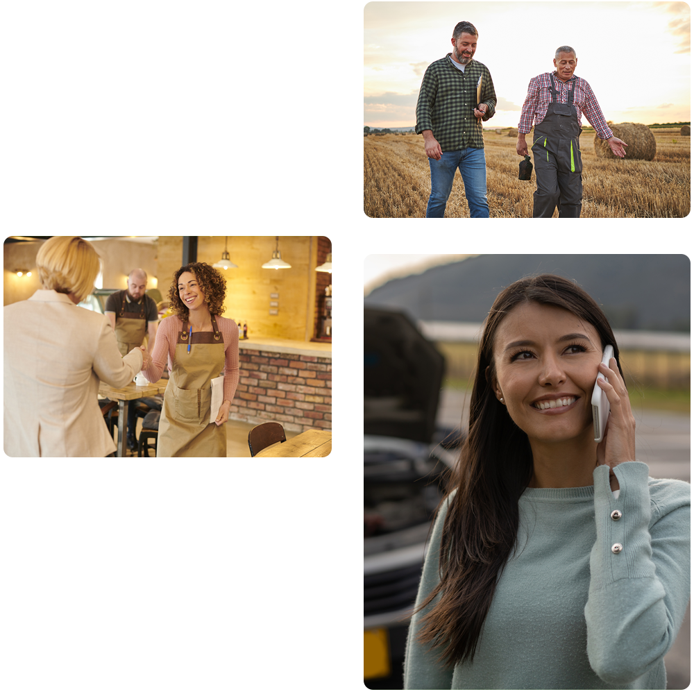 collage of 3 photos depicting our trusted independent agents serving our business, farm and personal policyholders' needs.